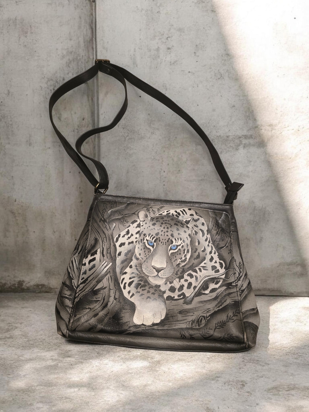 Anuschka Gray Leopard Motif Leather Shoulder Bag